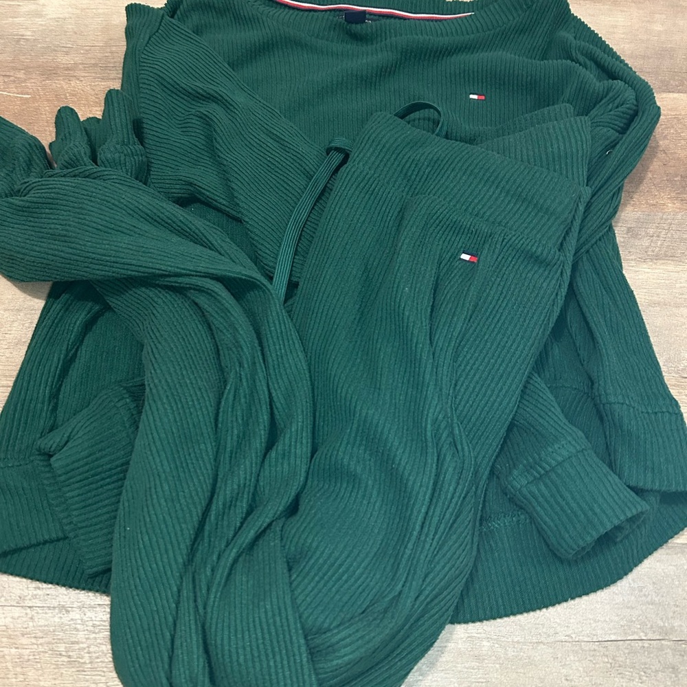 Tommy Hilfiger Deep Green Ribbed Lounge Top & Pants Set